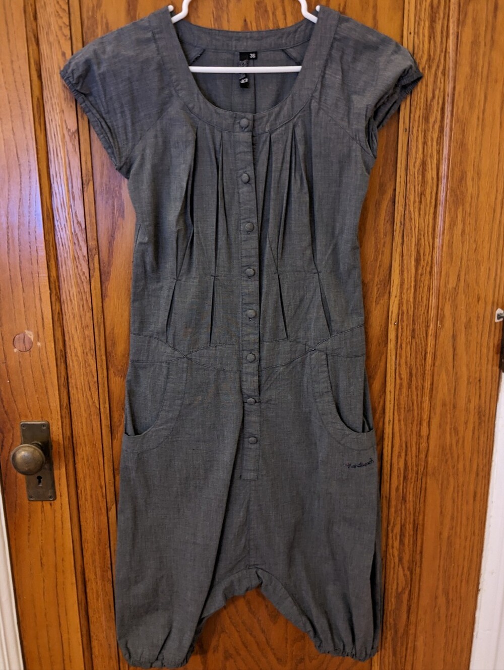 Button-Front Short Sleeve Romper in Charcoal Gray